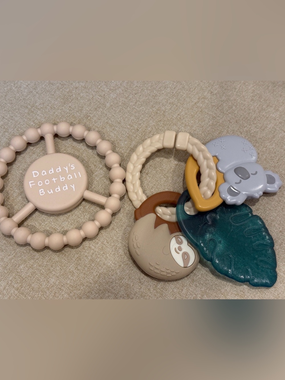 Itzy Ritzy Neutral Silicone Teether Set with Charms and Daddy’s football buddy